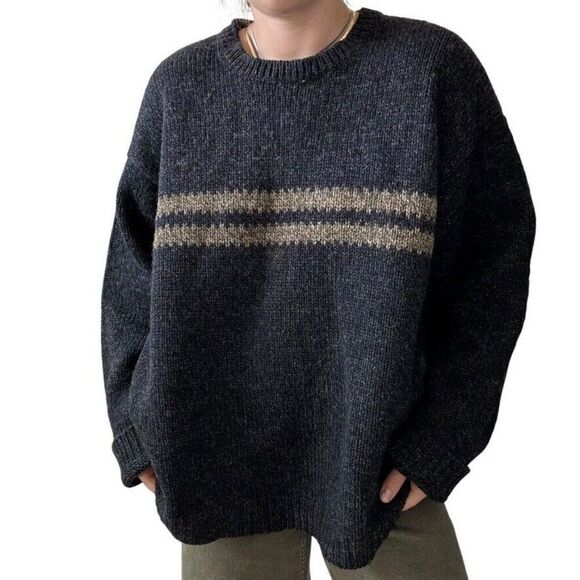 Vintage 1990s EMS Mens Wool Charcoal Gray Striped Chunky Distressed Sweater XL - Picture 4 of 10